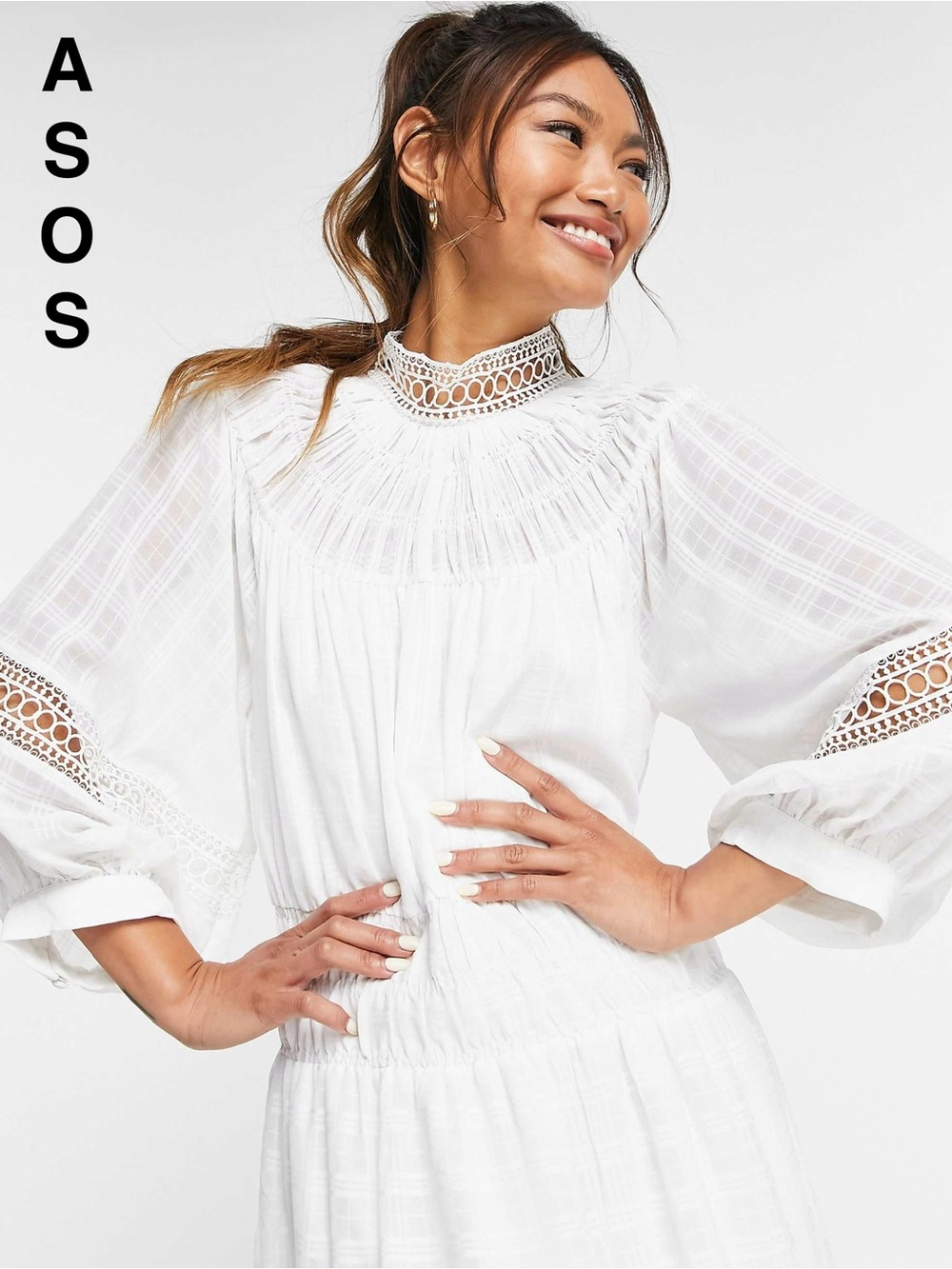 ASOS Boho Lace Trim Smocked Waist Maxi Dress White Romantic Cottagecore - 6